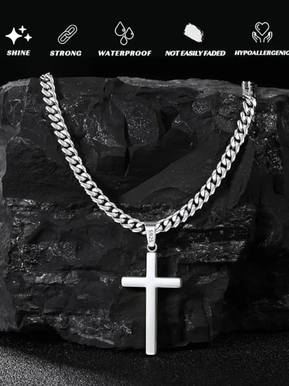 22 Inch S925 Sterling Silver Cross Necklace for Men Women